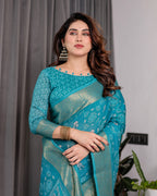 Teal Blue Handloom Linen Printed Saree with Rose Motifs & Zari Border | Pallu with Buttis & Tassels | 5.5m Saree + 0.8m Blouse