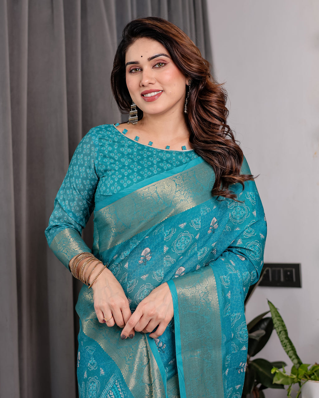 Teal Blue Handloom Linen Printed Saree with Rose Motifs & Zari Border | Pallu with Buttis & Tassels | 5.5m Saree + 0.8m Blouse