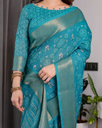 Teal Blue Handloom Linen Printed Saree with Rose Motifs & Zari Border | Pallu with Buttis & Tassels | 5.5m Saree + 0.8m Blouse