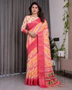 Multicolor Striped Handloom Linen Saree with Pink Geometric Pallu & Zari Border | 5.5m Saree + 0.8m Attached Blouse with Tassels