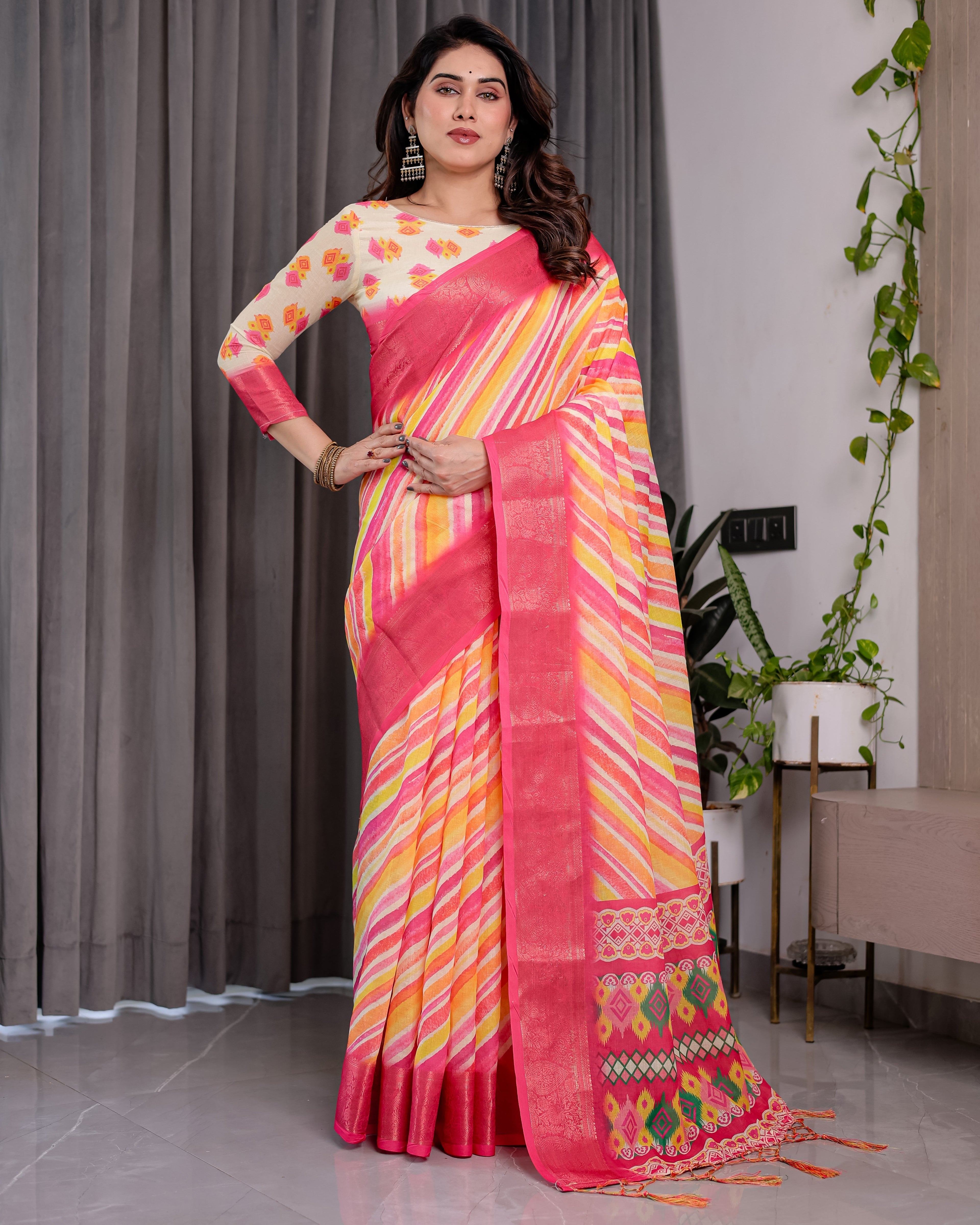 Multicolor Striped Handloom Linen Saree with Pink Geometric Pallu & Zari Border | 5.5m Saree + 0.8m Attached Blouse with Tassels