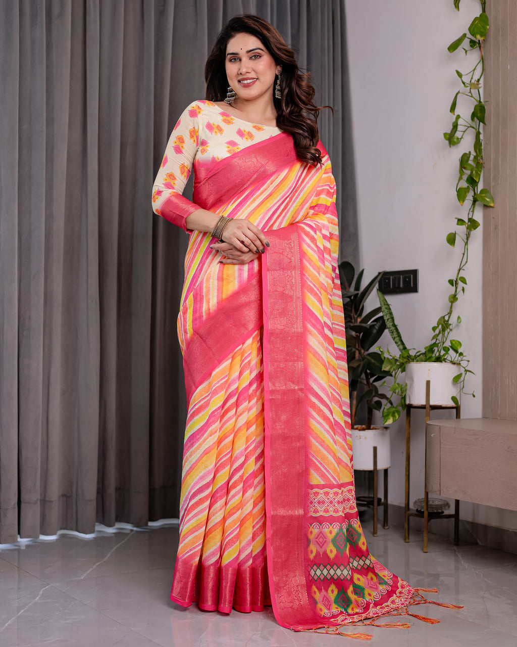 Multicolor Striped Handloom Linen Saree with Pink Geometric Pallu & Zari Border | 5.5m Saree + 0.8m Attached Blouse with Tassels