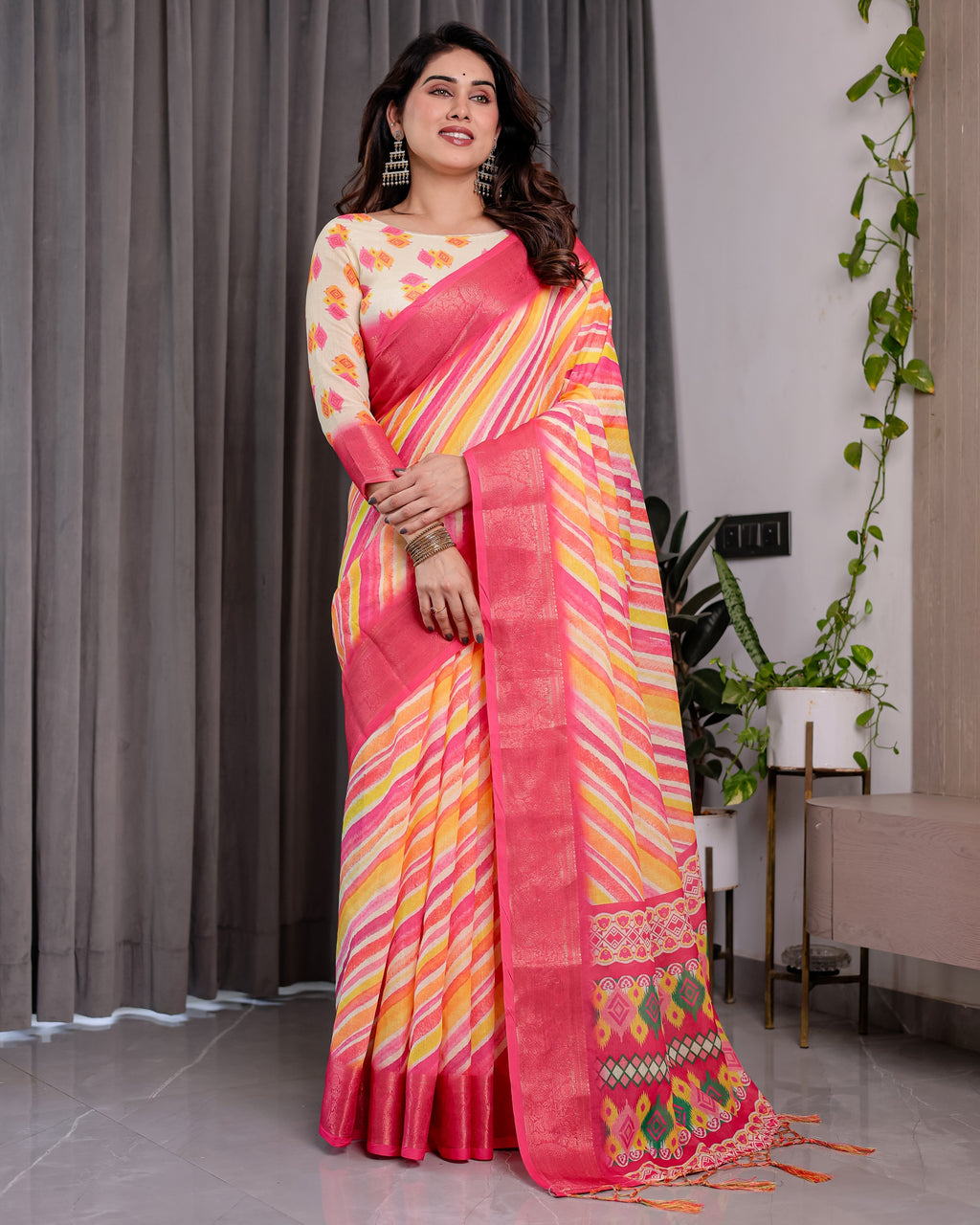 Multicolor Striped Handloom Linen Saree with Pink Geometric Pallu & Zari Border | 5.5m Saree + 0.8m Attached Blouse with Tassels