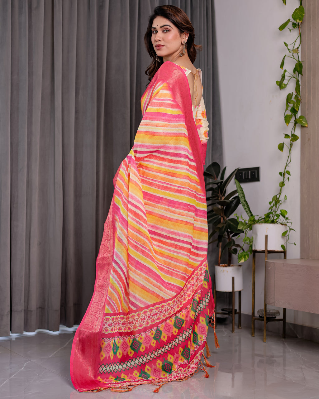 Multicolor Striped Handloom Linen Saree with Pink Geometric Pallu & Zari Border | 5.5m Saree + 0.8m Attached Blouse with Tassels