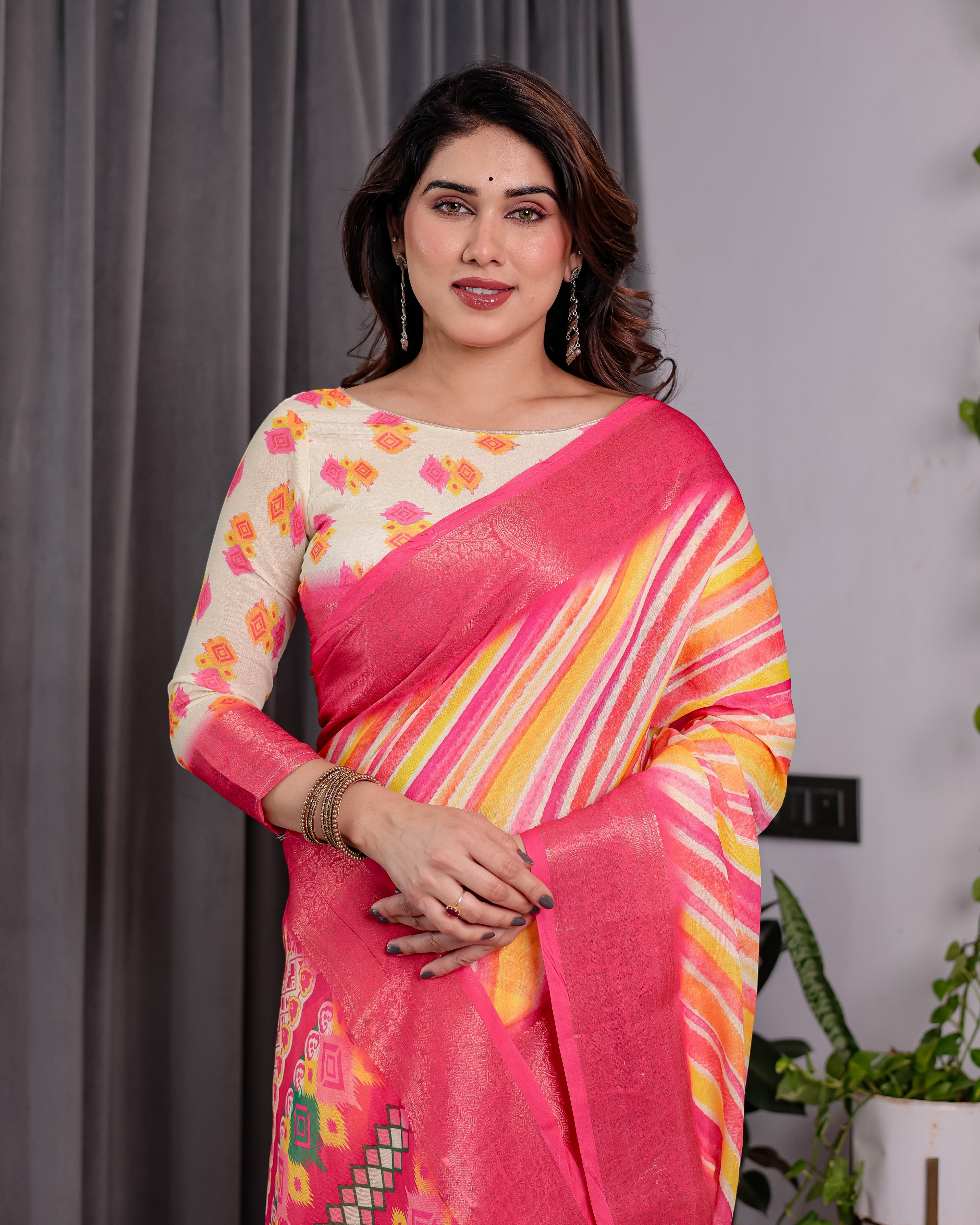 Multicolor Striped Handloom Linen Saree with Pink Geometric Pallu & Zari Border | 5.5m Saree + 0.8m Attached Blouse with Tassels