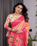 Multicolor Striped Handloom Linen Saree with Pink Geometric Pallu & Zari Border | 5.5m Saree + 0.8m Attached Blouse with Tassels