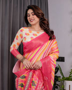 Multicolor Striped Handloom Linen Saree with Pink Geometric Pallu & Zari Border | 5.5m Saree + 0.8m Attached Blouse with Tassels