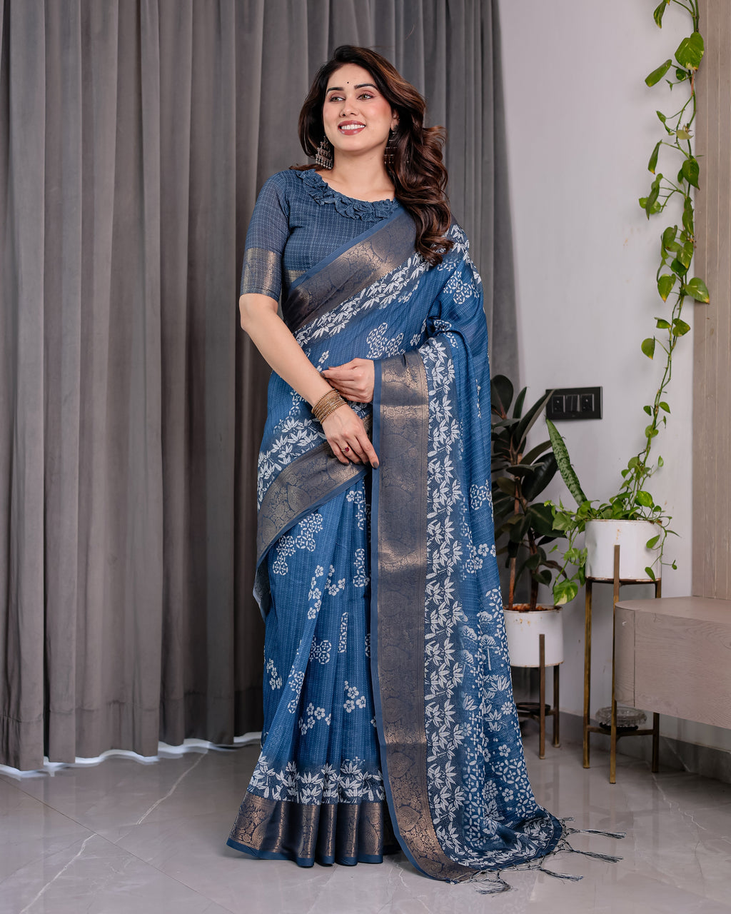 Indigo Blue Handloom Linen Saree with White Village & Tree Print Pallu | Zari Woven Border | 5.5m Saree + 0.8m Blouse | Elegant Pallu Tassels