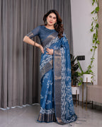 Indigo Blue Handloom Linen Saree with White Village & Tree Print Pallu | Zari Woven Border | 5.5m Saree + 0.8m Blouse | Elegant Pallu Tassels