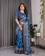 Indigo Blue Handloom Linen Saree with White Village & Tree Print Pallu | Zari Woven Border | 5.5m Saree + 0.8m Blouse | Elegant Pallu Tassels