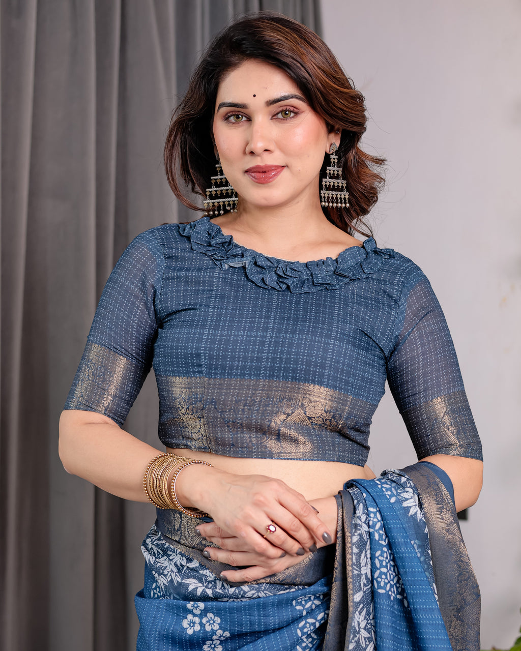 Indigo Blue Handloom Linen Saree with White Village & Tree Print Pallu | Zari Woven Border | 5.5m Saree + 0.8m Blouse | Elegant Pallu Tassels