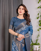 Indigo Blue Handloom Linen Saree with White Village & Tree Print Pallu | Zari Woven Border | 5.5m Saree + 0.8m Blouse | Elegant Pallu Tassels