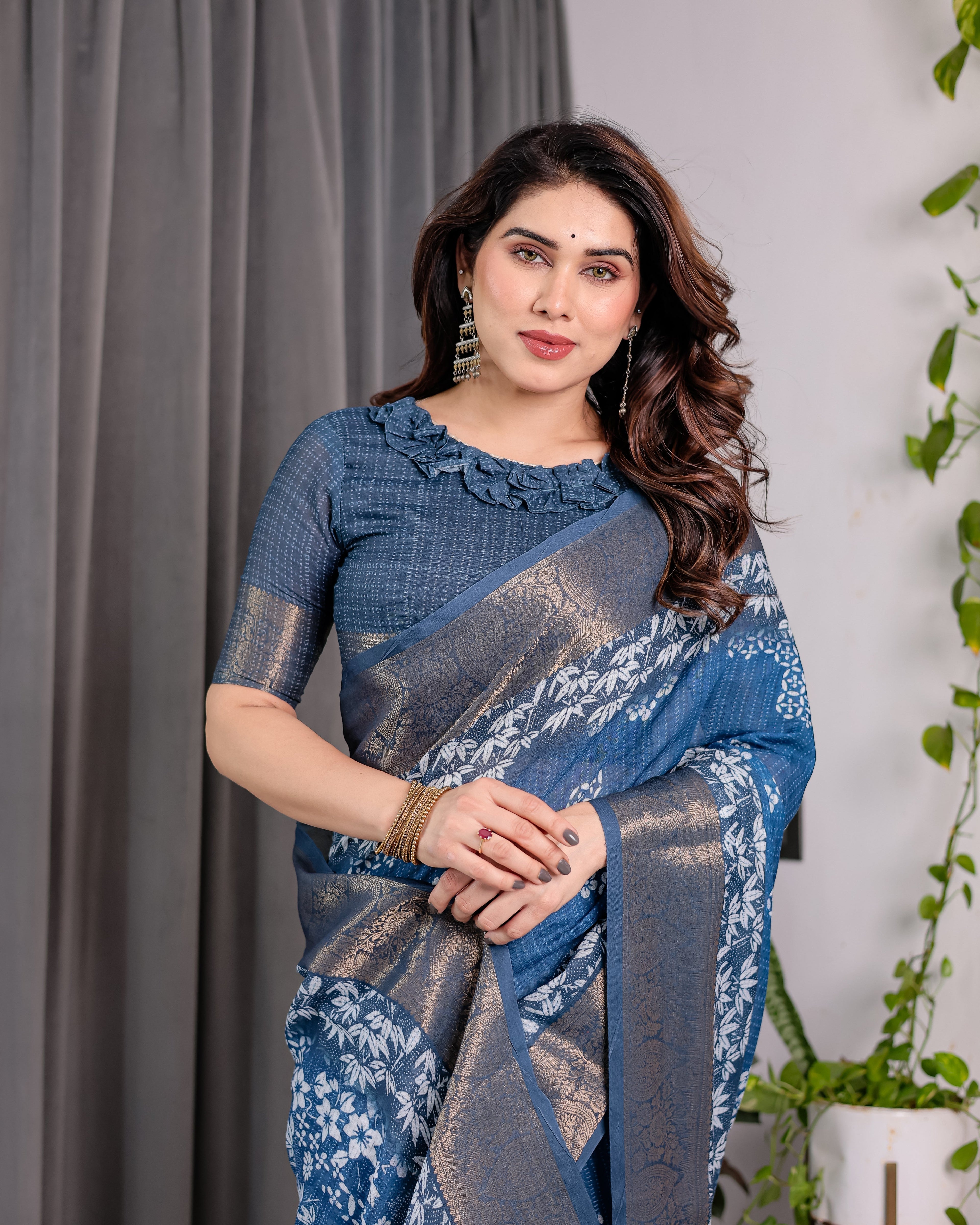 Indigo Blue Handloom Linen Saree with White Village & Tree Print Pallu | Zari Woven Border | 5.5m Saree + 0.8m Blouse | Elegant Pallu Tassels