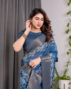 Indigo Blue Handloom Linen Saree with White Village & Tree Print Pallu | Zari Woven Border | 5.5m Saree + 0.8m Blouse | Elegant Pallu Tassels