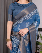 Indigo Blue Handloom Linen Saree with White Village & Tree Print Pallu | Zari Woven Border | 5.5m Saree + 0.8m Blouse | Elegant Pallu Tassels