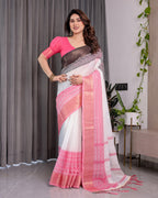 White & Charcoal Handloom Linen Saree with Pink Striped Pallu & Zari Woven Borders | 5.5m Saree + 0.8m Blouse | Elegant Tassel Finish
