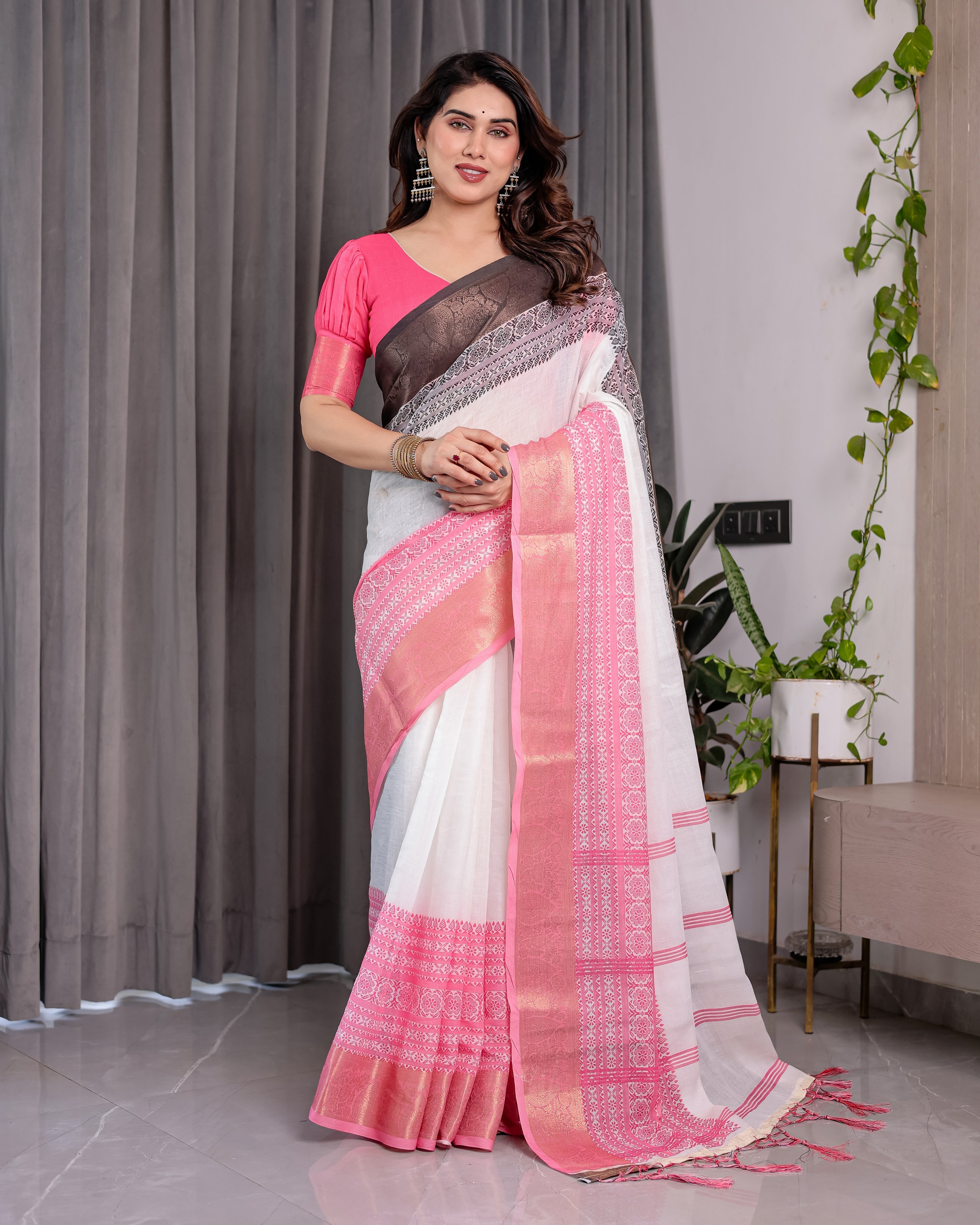White & Charcoal Handloom Linen Saree with Pink Striped Pallu & Zari Woven Borders | 5.5m Saree + 0.8m Blouse | Elegant Tassel Finish