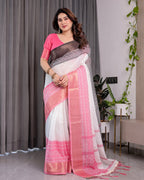 White & Charcoal Handloom Linen Saree with Pink Striped Pallu & Zari Woven Borders | 5.5m Saree + 0.8m Blouse | Elegant Tassel Finish