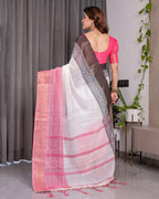 White & Charcoal Handloom Linen Saree with Pink Striped Pallu & Zari Woven Borders | 5.5m Saree + 0.8m Blouse | Elegant Tassel Finish