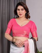 White & Charcoal Handloom Linen Saree with Pink Striped Pallu & Zari Woven Borders | 5.5m Saree + 0.8m Blouse | Elegant Tassel Finish