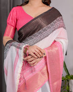 White & Charcoal Handloom Linen Saree with Pink Striped Pallu & Zari Woven Borders | 5.5m Saree + 0.8m Blouse | Elegant Tassel Finish