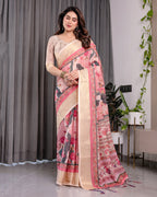 Ivory Pink Handloom Linen Saree with Artistic Flamingo & Floral Pallu | Zari Woven Border | 5.5m Saree + 0.8m Blouse | Elegant Tassel Detail