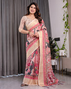 Ivory Pink Handloom Linen Saree with Artistic Flamingo & Floral Pallu | Zari Woven Border | 5.5m Saree + 0.8m Blouse | Elegant Tassel Detail