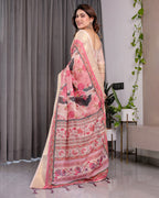 Ivory Pink Handloom Linen Saree with Artistic Flamingo & Floral Pallu | Zari Woven Border | 5.5m Saree + 0.8m Blouse | Elegant Tassel Detail