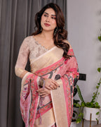 Ivory Pink Handloom Linen Saree with Artistic Flamingo & Floral Pallu | Zari Woven Border | 5.5m Saree + 0.8m Blouse | Elegant Tassel Detail