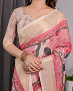 Ivory Pink Handloom Linen Saree with Artistic Flamingo & Floral Pallu | Zari Woven Border | 5.5m Saree + 0.8m Blouse | Elegant Tassel Detail