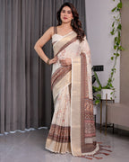 Ivory Beige Handloom Linen Saree with Rustic Floral Print & Brown Ornamental Pallu | Zari Borders & Tassels | 5.5m Saree + 0.8m Blouse