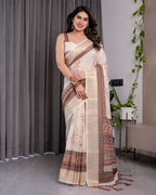 Ivory Beige Handloom Linen Saree with Rustic Floral Print & Brown Ornamental Pallu | Zari Borders & Tassels | 5.5m Saree + 0.8m Blouse