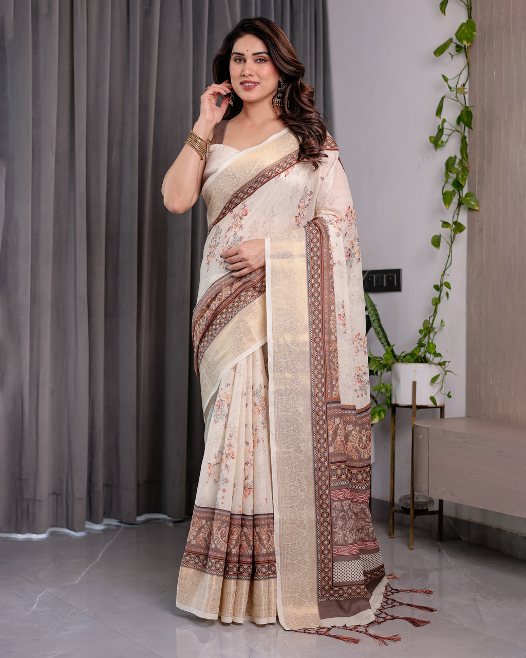 Ivory Beige Handloom Linen Saree with Rustic Floral Print & Brown Ornamental Pallu | Zari Borders & Tassels | 5.5m Saree + 0.8m Blouse