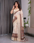 Ivory Beige Handloom Linen Saree with Rustic Floral Print & Brown Ornamental Pallu | Zari Borders & Tassels | 5.5m Saree + 0.8m Blouse