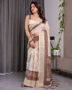 Ivory Beige Handloom Linen Saree with Rustic Floral Print & Brown Ornamental Pallu | Zari Borders & Tassels | 5.5m Saree + 0.8m Blouse