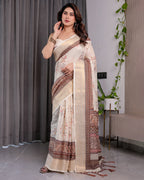 Ivory Beige Handloom Linen Saree with Rustic Floral Print & Brown Ornamental Pallu | Zari Borders & Tassels | 5.5m Saree + 0.8m Blouse