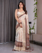 Ivory Beige Handloom Linen Saree with Rustic Floral Print & Brown Ornamental Pallu | Zari Borders & Tassels | 5.5m Saree + 0.8m Blouse