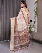 Ivory Beige Handloom Linen Saree with Rustic Floral Print & Brown Ornamental Pallu | Zari Borders & Tassels | 5.5m Saree + 0.8m Blouse