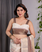 Ivory Beige Handloom Linen Saree with Rustic Floral Print & Brown Ornamental Pallu | Zari Borders & Tassels | 5.5m Saree + 0.8m Blouse