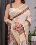 Ivory Beige Handloom Linen Saree with Rustic Floral Print & Brown Ornamental Pallu | Zari Borders & Tassels | 5.5m Saree + 0.8m Blouse