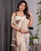 Ivory Beige Handloom Linen Saree with Rustic Floral Print & Brown Ornamental Pallu | Zari Borders & Tassels | 5.5m Saree + 0.8m Blouse