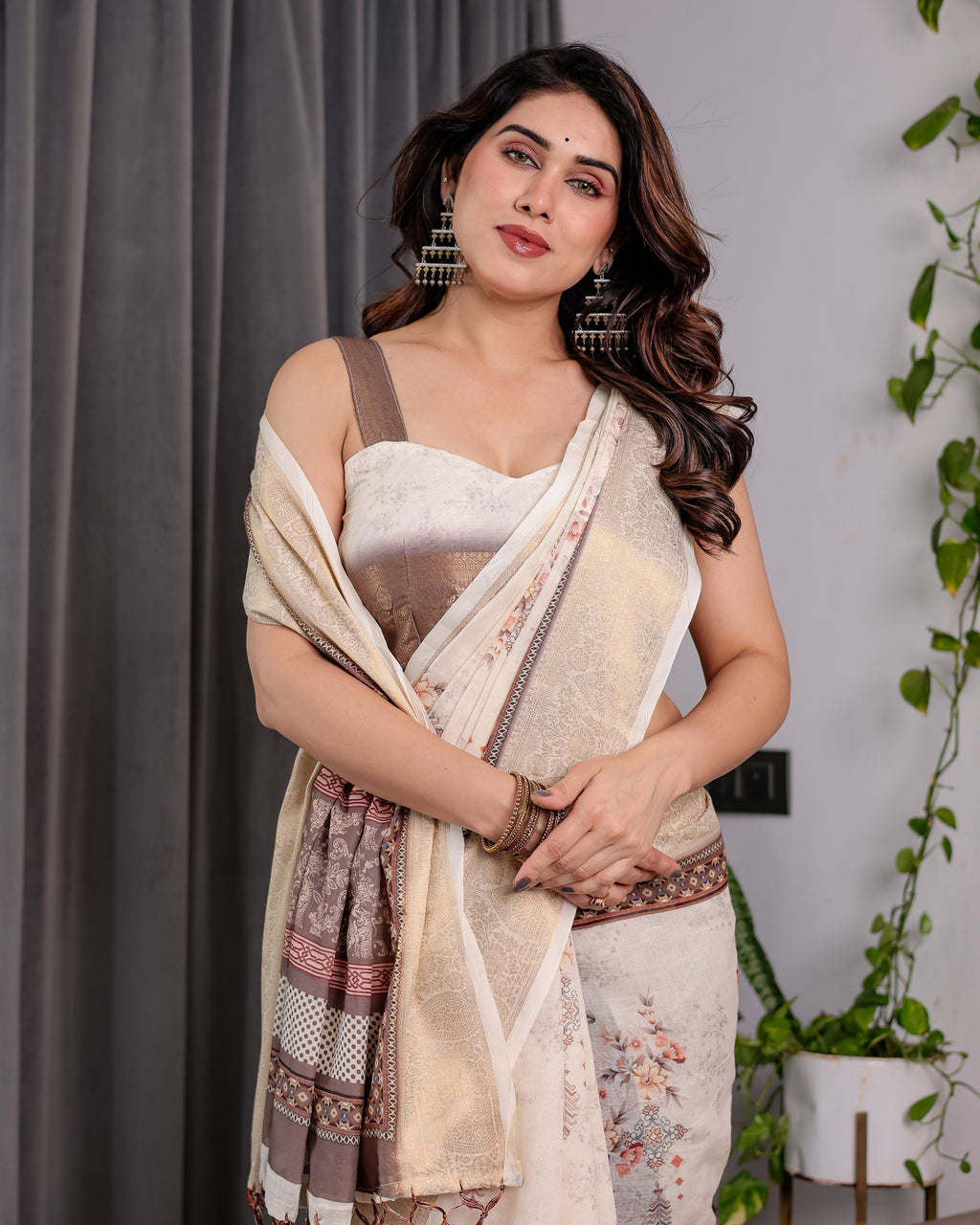 Ivory Beige Handloom Linen Saree with Rustic Floral Print & Brown Ornamental Pallu | Zari Borders & Tassels | 5.5m Saree + 0.8m Blouse