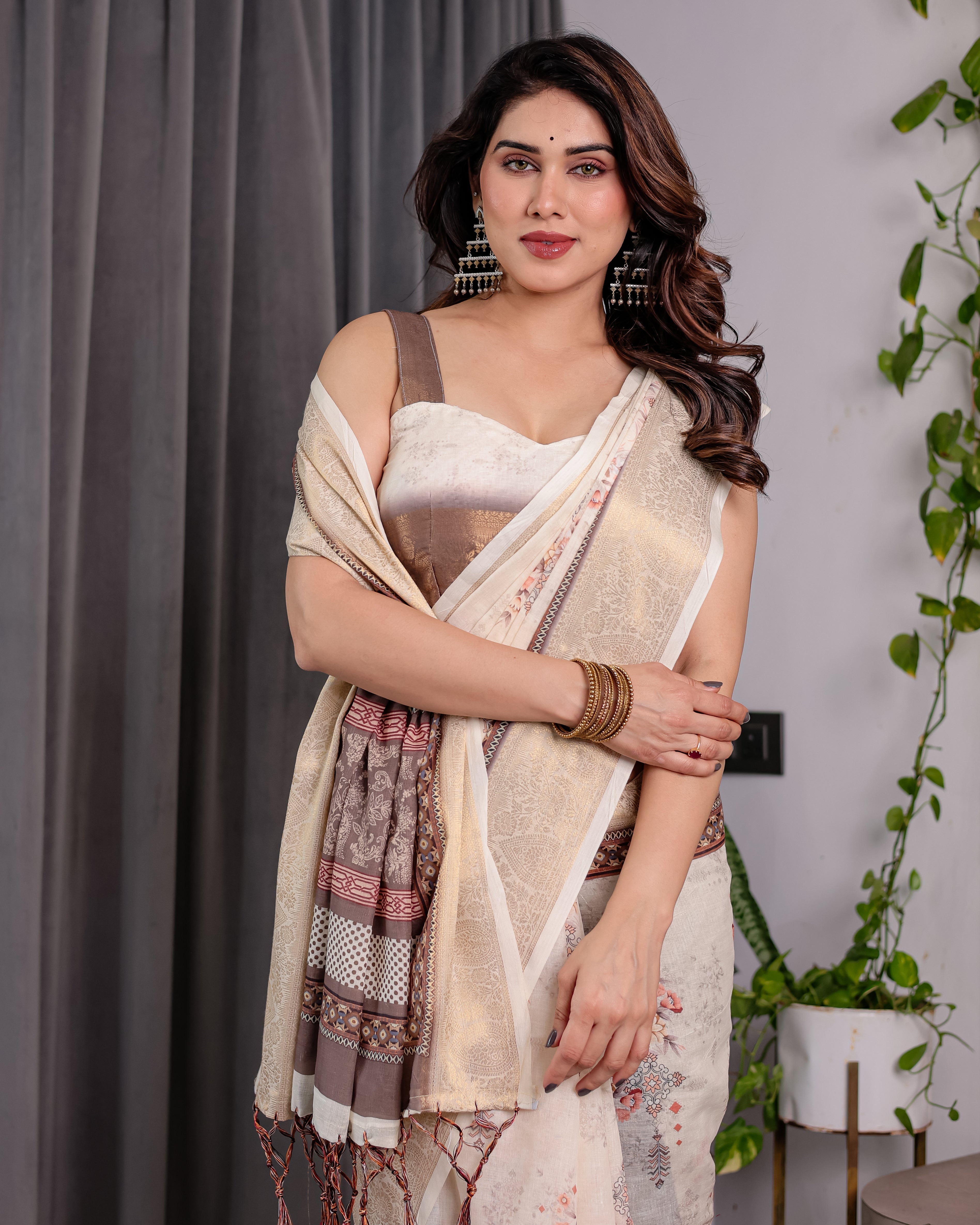 Ivory Beige Handloom Linen Saree with Rustic Floral Print & Brown Ornamental Pallu | Zari Borders & Tassels | 5.5m Saree + 0.8m Blouse