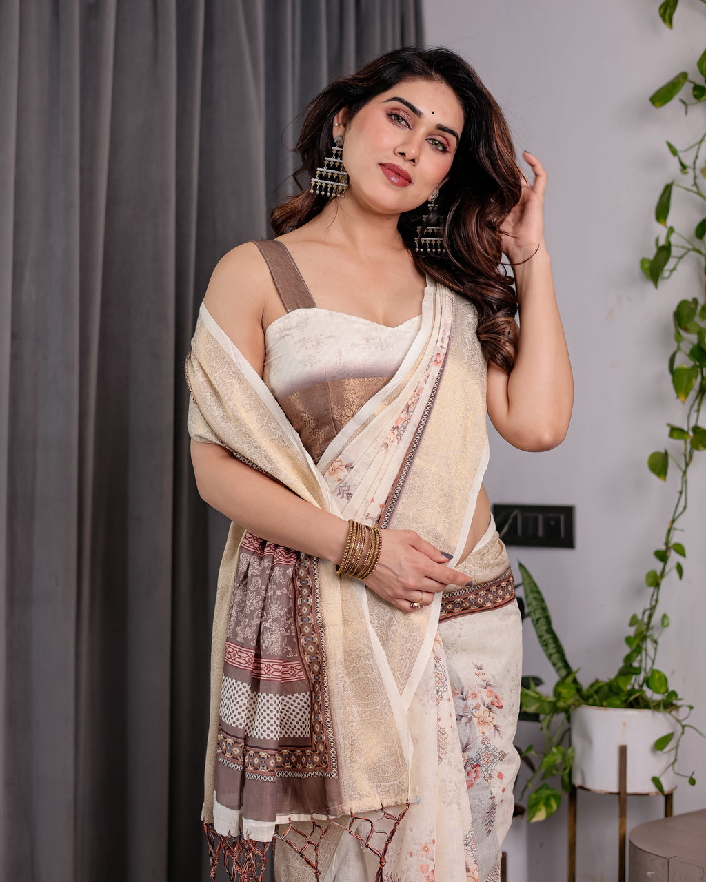 Ivory Beige Handloom Linen Saree with Rustic Floral Print & Brown Ornamental Pallu | Zari Borders & Tassels | 5.5m Saree + 0.8m Blouse