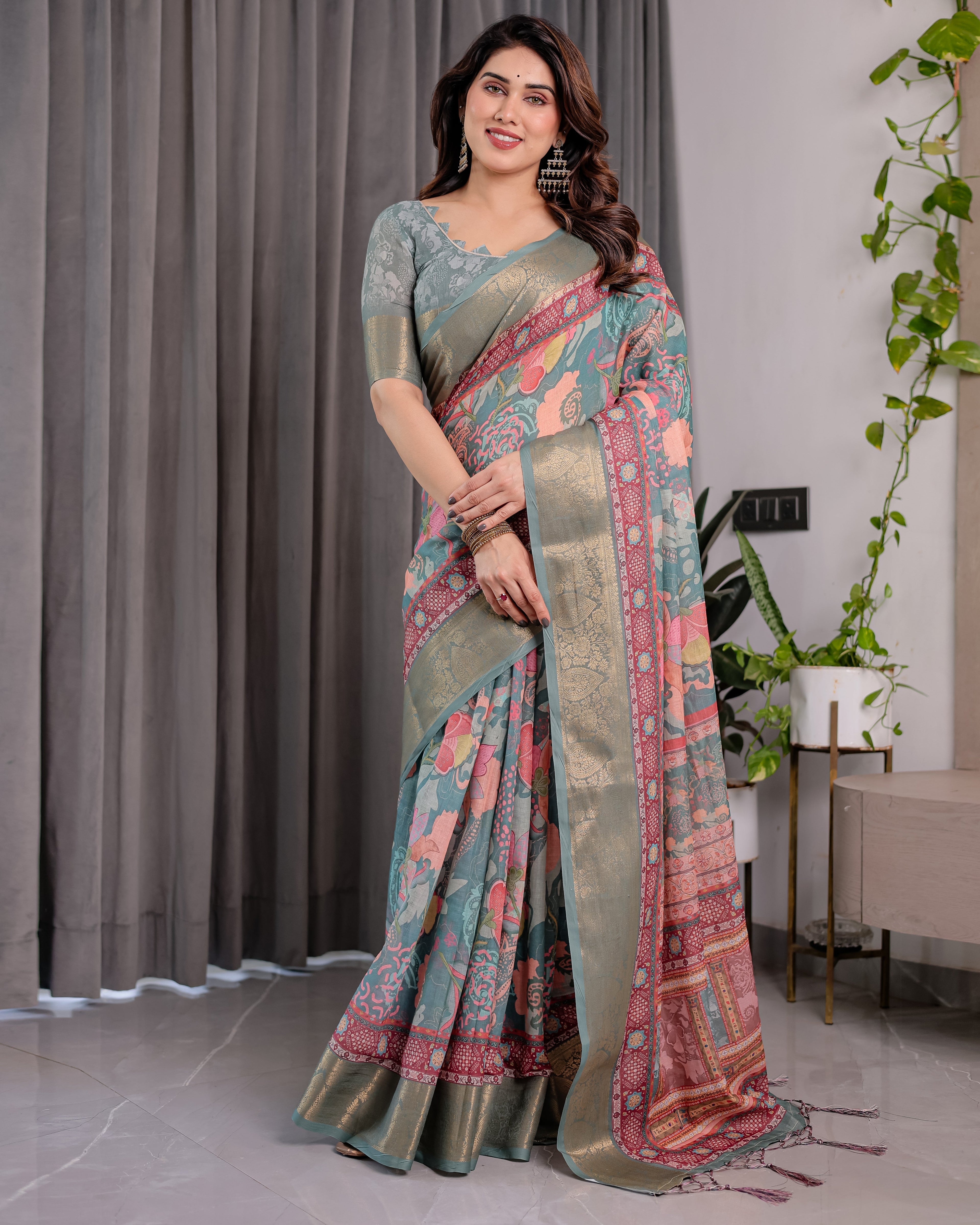 Sage Green Handloom Linen Saree with Multicolor Mythical Elephant & Floral Printed Pallu | Zari Border | 5.5m Saree + 0.8m Blouse | Festive Tassel Finish