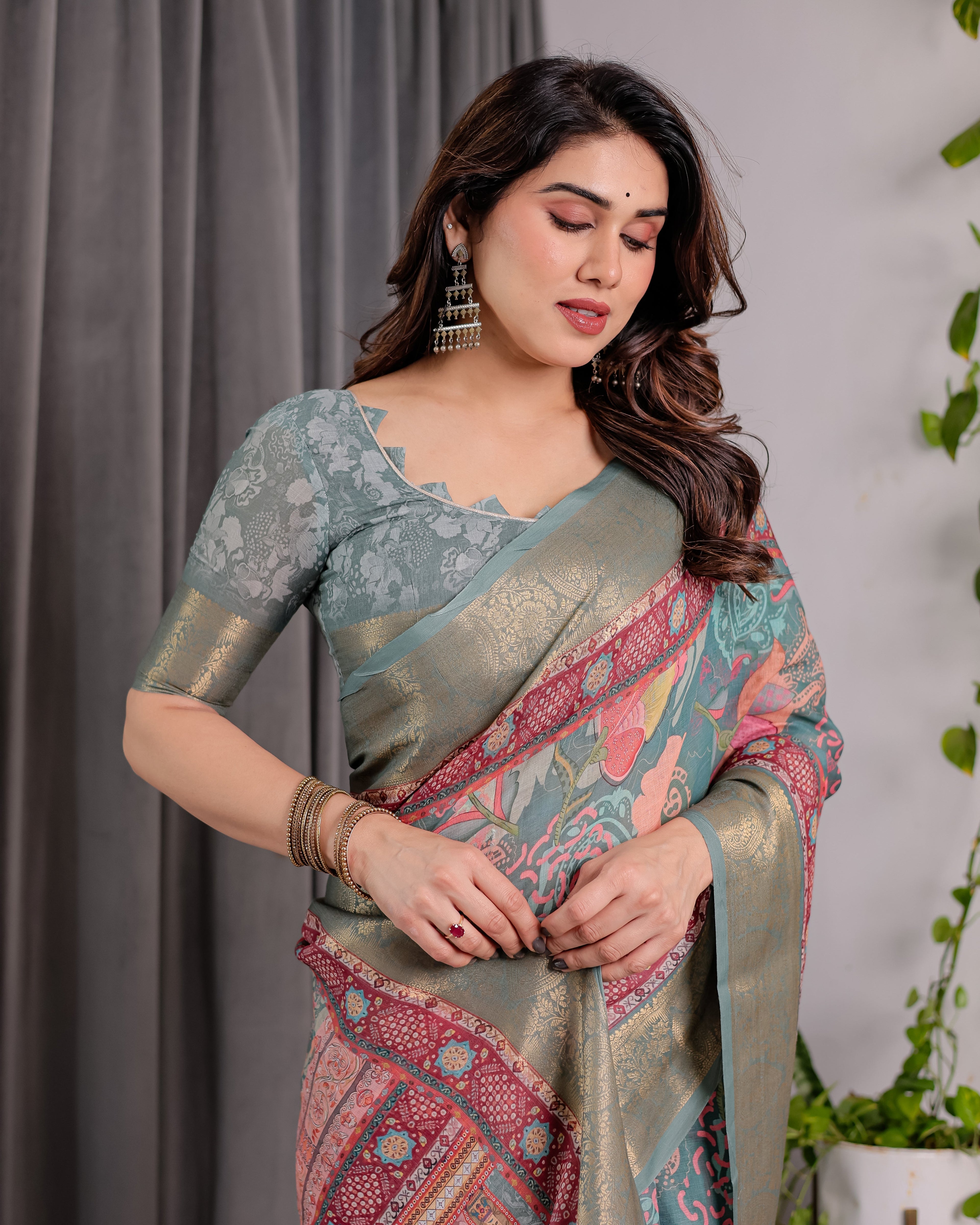 Sage Green Handloom Linen Saree with Multicolor Mythical Elephant & Floral Printed Pallu | Zari Border | 5.5m Saree + 0.8m Blouse | Festive Tassel Finish