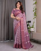 Plum Purple Handloom Linen Saree with Zigzag & Floral Motifs | Zari Border & Tassels | 5.5m Saree + 0.8m Blouse Piece