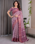 Plum Purple Handloom Linen Saree with Zigzag & Floral Motifs | Zari Border & Tassels | 5.5m Saree + 0.8m Blouse Piece