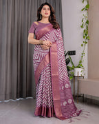 Plum Purple Handloom Linen Saree with Zigzag & Floral Motifs | Zari Border & Tassels | 5.5m Saree + 0.8m Blouse Piece