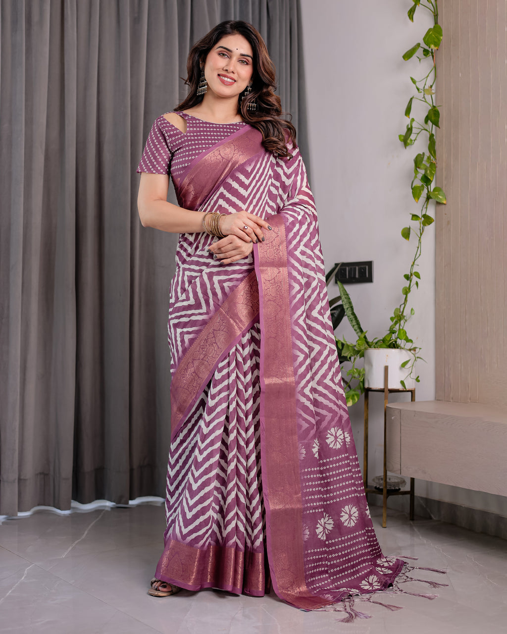 Plum Purple Handloom Linen Saree with Zigzag & Floral Motifs | Zari Border & Tassels | 5.5m Saree + 0.8m Blouse Piece